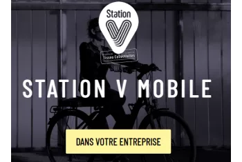 Logo Station V avec en fond une image sombre avec une cycliste