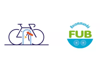 Logo représentant un vélo avec son antivol et le macaron sur lequel est inscrit "recommandé FUB"