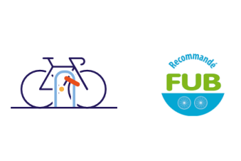 Logo représentant un vélo avec son antivol et le macaron sur lequel est inscrit "recommandé FUB"