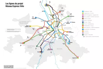 Carte des lignes du projet réseau express vélo toulousain