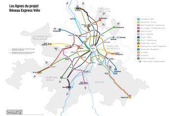 Carte des lignes du projet réseau express vélo toulousain