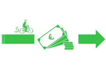 Une flèche verte représentant un transfert d'argent avec la présence d'un cycliste