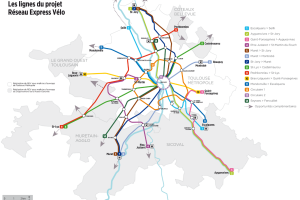 Carte des lignes du projet réseau express vélo toulousain