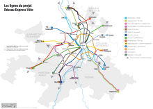 Carte des lignes du projet réseau express vélo toulousain