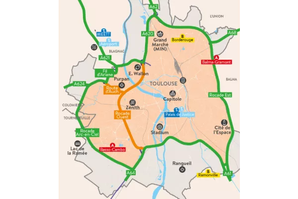 Représentation du périmètre de la ZFE avec présence des limites communales, des grands axes hors ZFE et inclus dans la ZFE.