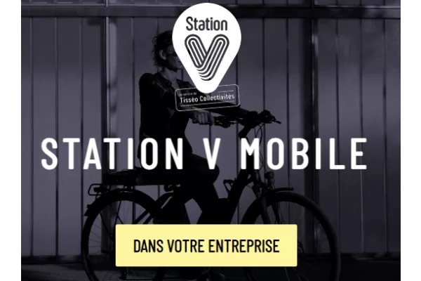 Logo Station V avec en fond une image sombre avec une cycliste