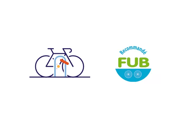 Logo représentant un vélo avec son antivol et le macaron sur lequel est inscrit "recommandé FUB"