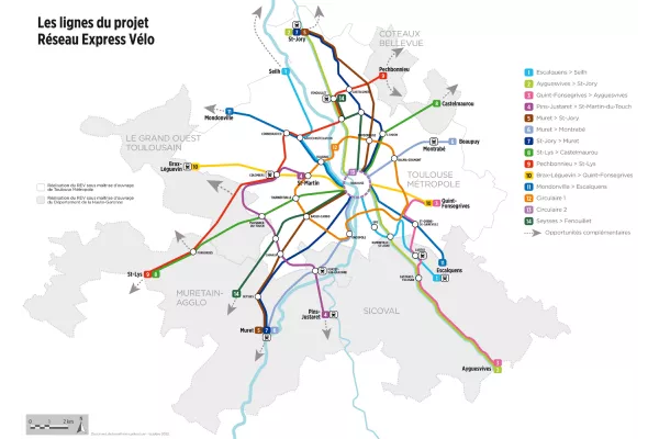 Carte des lignes du projet réseau express vélo toulousain