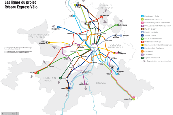Carte des lignes du projet réseau express vélo toulousain