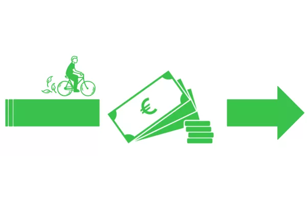 Une flèche verte représentant un transfert d'argent avec la présence d'un cycliste