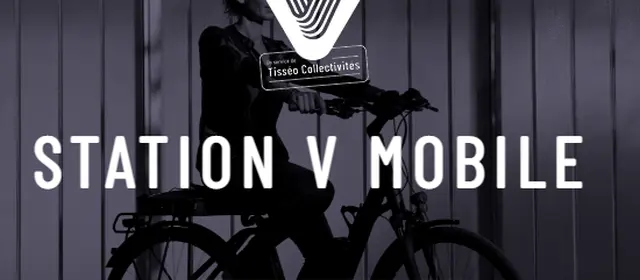 Logo Station V avec en fond une image sombre avec une cycliste