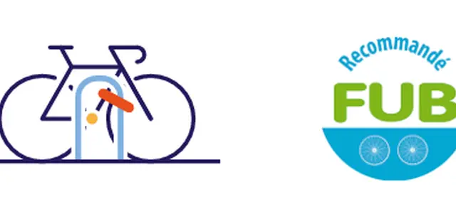 Logo représentant un vélo avec son antivol et le macaron sur lequel est inscrit "recommandé FUB"