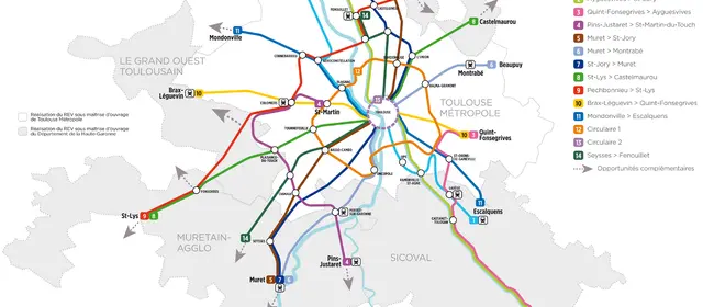 Carte des lignes du projet réseau express vélo toulousain