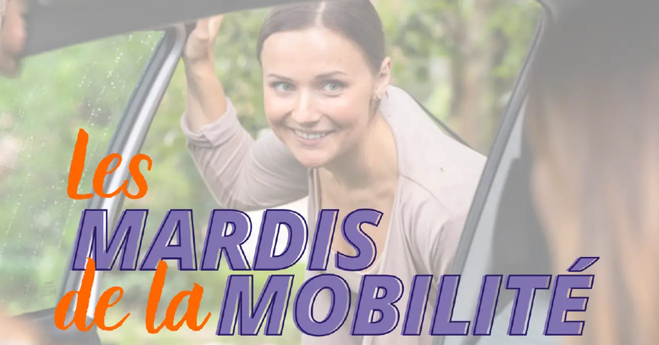 logo des Mardis de la Mobilité et photo de personne faisant du covoiturage
